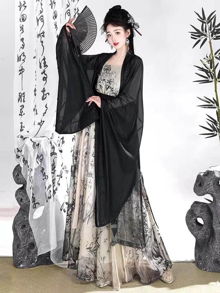 Women Song Dynasty Hanfu Ancient Chinese Black Large Sleeve Skirt Classic Han Elements Hanfu Dress Set Girls Cosplay Gift Summer