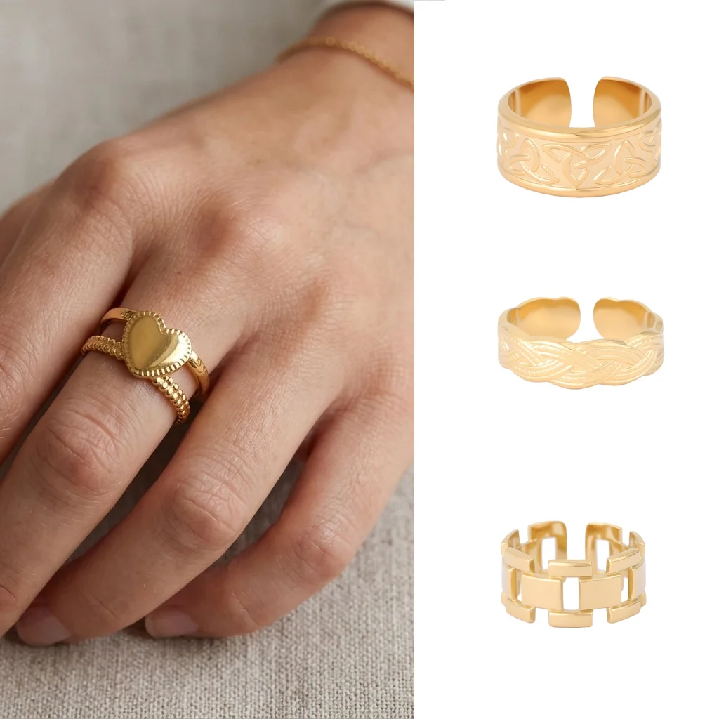 

Tarnish Free Gold PVD Plated Stainless Steel Geometric Heart Ring for DIY Open Ring Jewelry Making Accessories Women Men
