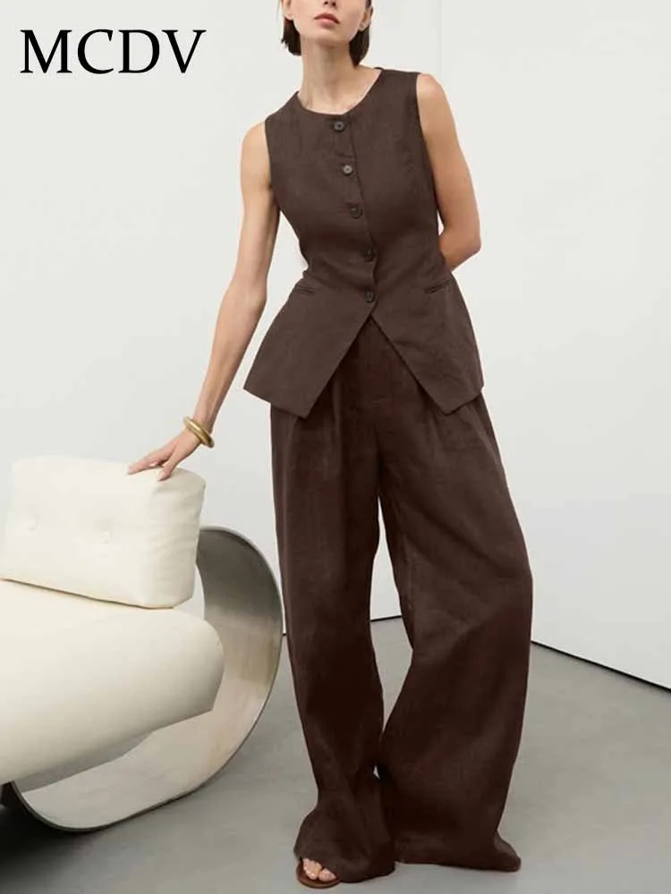 

MCDV Commute Brown Pants Set Women Fashion O-Neck Sleeveless Single Breasted Vest Loose Wide Leg Trousers 2 Piece Street Outfits