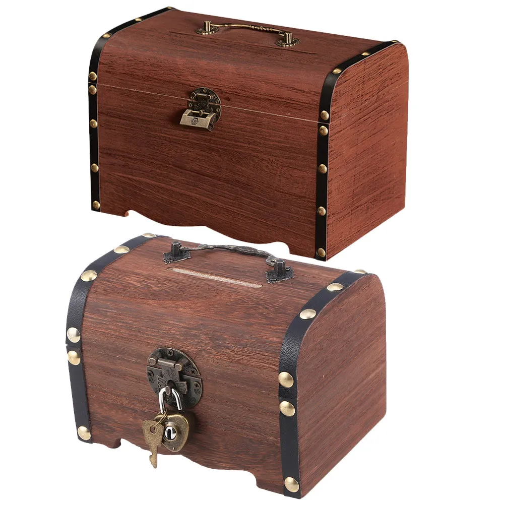2 cajas de madera vintage para guardar tesoros, pequeñas cajas de almacenamiento, huchas retro para ahorrar dinero y estuche para joyas para decoración del hogar