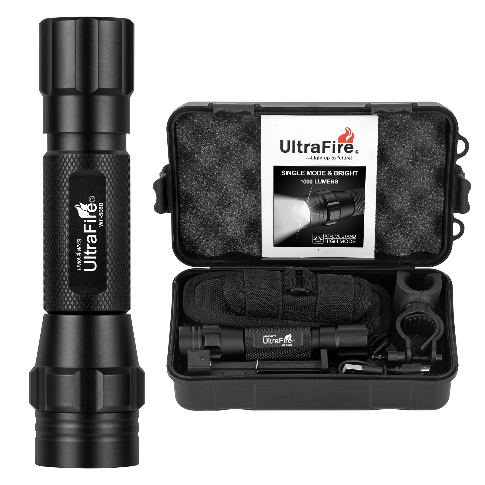 UltraFire-508B ultra poderosa lanterna impermeável, tocha led recarregável portátil, luzes de acampamento, lanterna ao ar livre, 18650