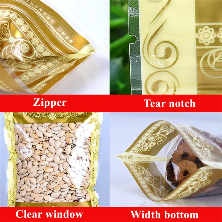 100PCS Stand up Plastic Gold Ziplock Clear Window Storage Bag Resealable Coffee Snack Biscuit Candy Bakery Packaging Pouches