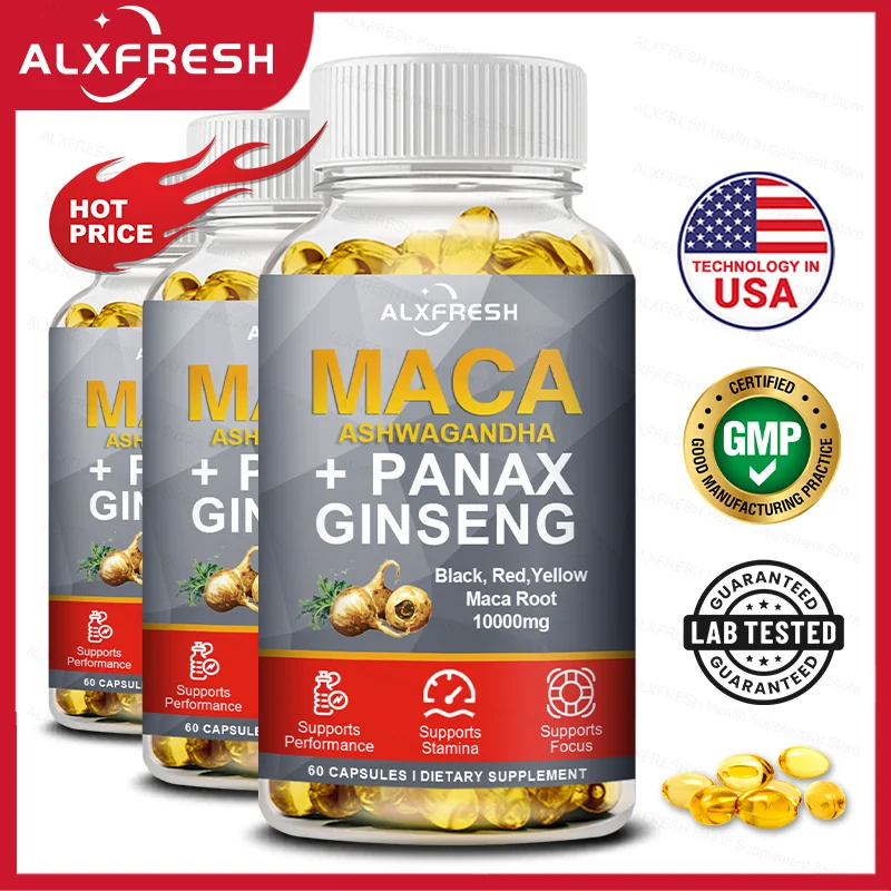 

Maca Root Capsules for Muscle, Endurance, Stamina and Men Performance Supplement with Ginseng Ashwagandha