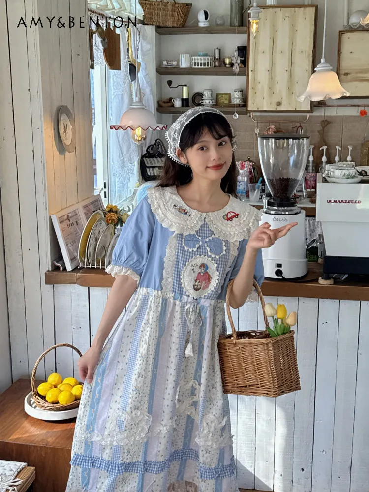 

Summer New Forest-themed Sweet Girl Light Blue Floral Plaid Cartoon Patchwork Lace Trim Doll Collar Waist-cinching Long Dress