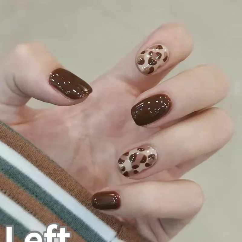 

Fake Nails Art Nail Tips Press on False Nails Set Coffee Leopard Full Cover Artificial Short Square Head 24pcs/pack