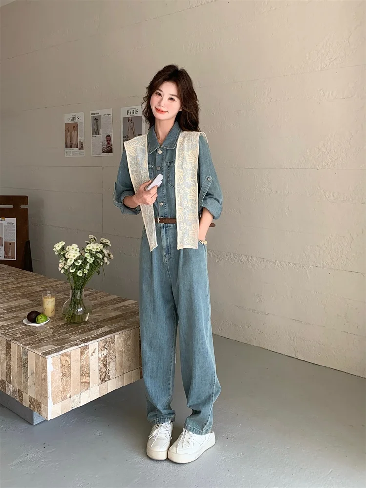 

Lace Shoulder Denim Jumpsuit Women's Spring Autumn 2026 New Korean Version Internet Celebrity Super Popular Set