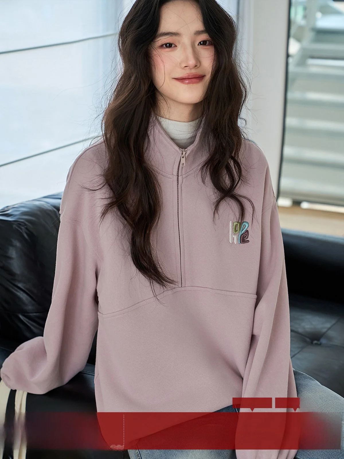 

MoZao Women's Pink f Zipper Embroidered Sweatirt Loose Fit Hoodl Overhead Winter New Sle Long Sve Commute Sle