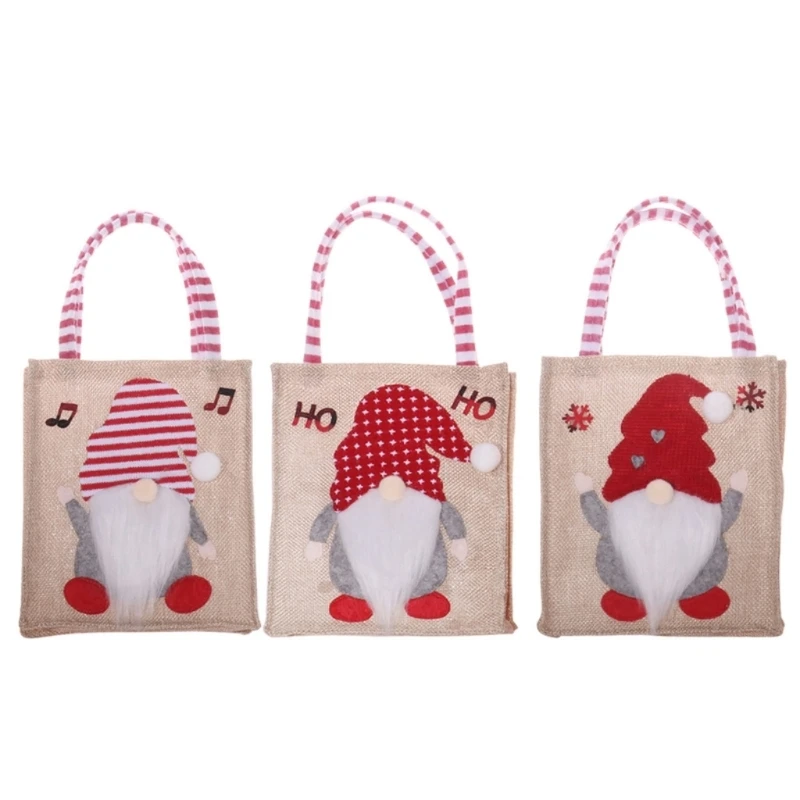 3pcs Christmas Gift Bags Holiday Burlap Bags Premium Festival Gift Bags 3 Holiday Christmas Gnomes Prints