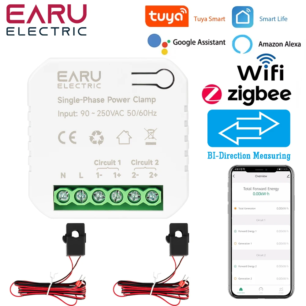 Tuya Smart WiFi ZigBee Two-way Bilateral Energy Meter 80-300A AC110V 220V Clamp CT KWh Power Electricity Consumption Monitor