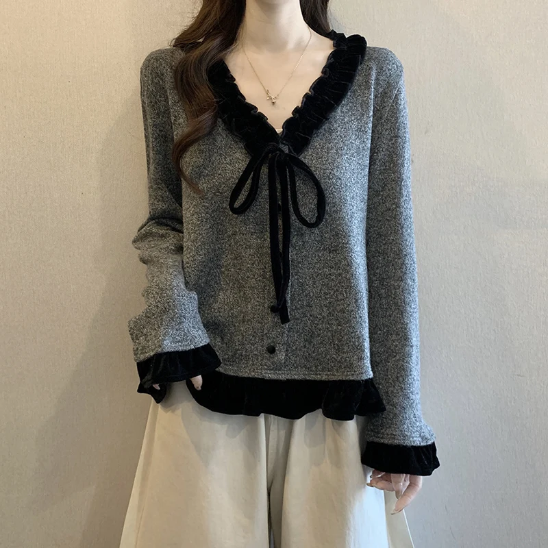 النمط الفرنسي موضة القوس سترة برقبة على شكل v 2025 المرأة الخريف جديد ريترو المخملية تقسم الكشكشة كم طويل البلوفرات تنوعا #1