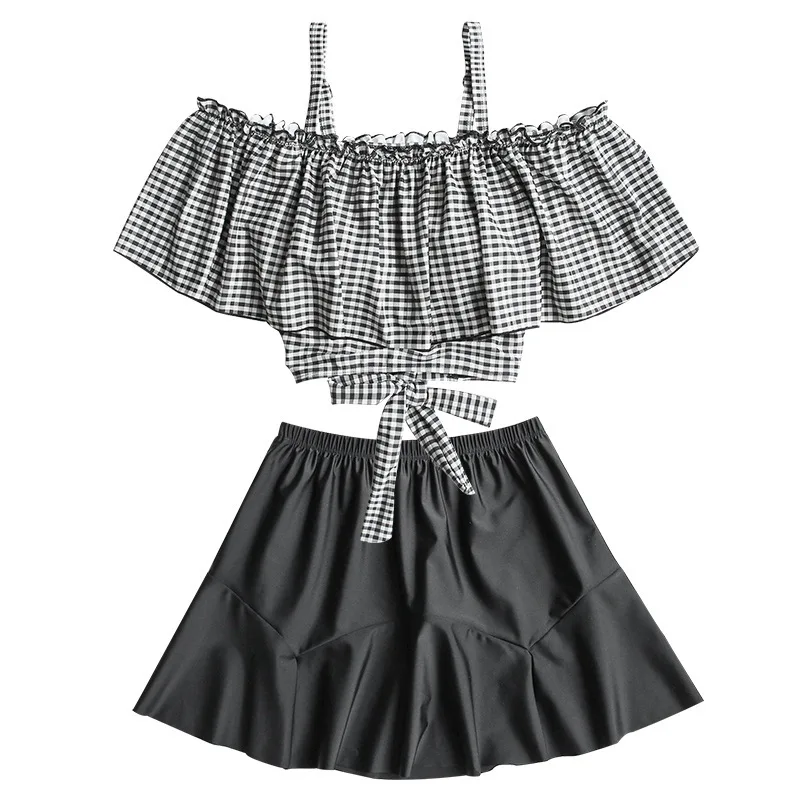 3 Piece Off Shoulder Plaid Bikini Set Ruffled Crop Top High Waist Skirt For Women Back Bow Tie