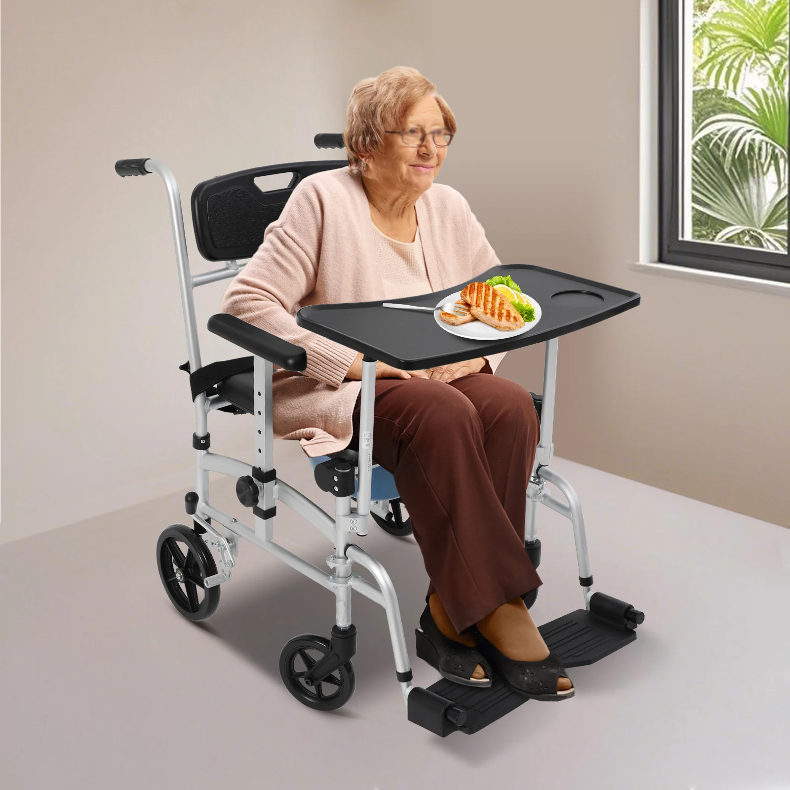 

Bedside Commode Wheelchair,Heavy-Duty 220LBS, 4-Wheel Brakes & Foldable Design, Adjustable Safety Belt + Detachable Toilet Tray