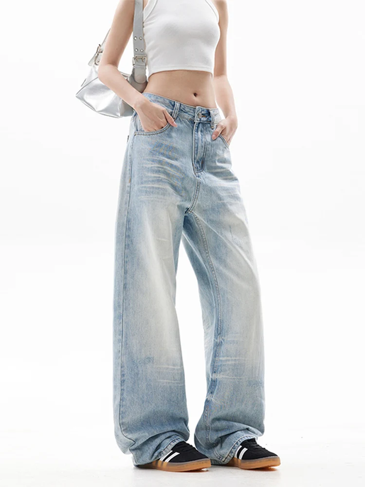 

Retro American Light Blue Jeans Straight Leg Loose Fit Men Women Casual Wide Leg Long Trousers Trendy Whisker Jeans