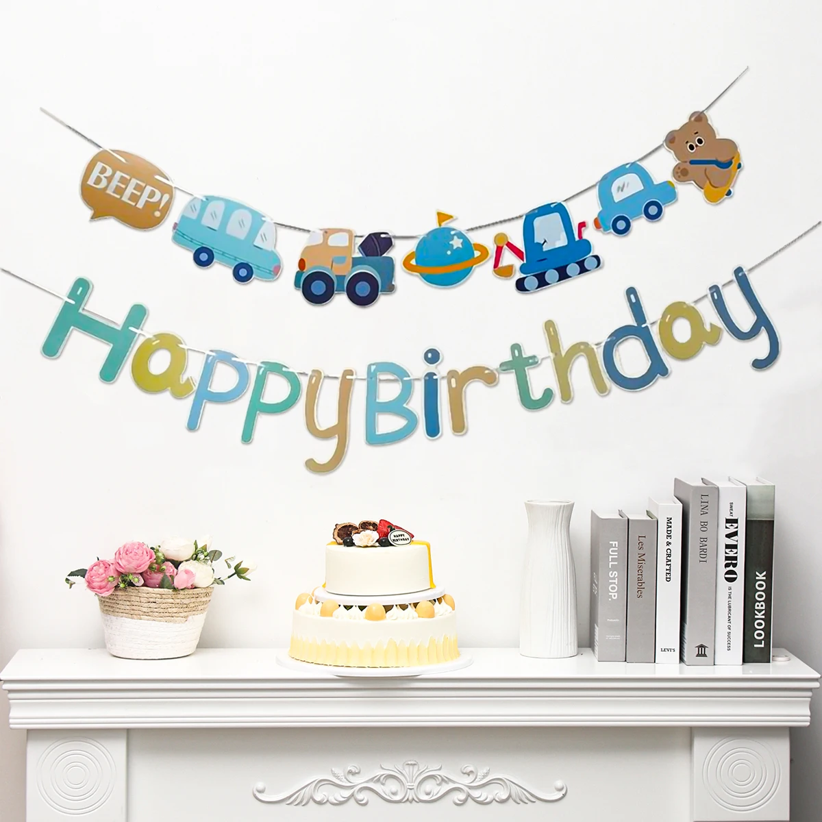 Blue Car Happy Birthday Banner One Year 1st Birthday Party Decoration For Kids Baby Shower Bunting Garland Flag Suppiles