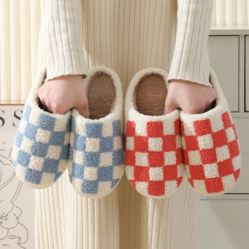 Home Slipper Womens Plaid Winter Warm Kawaii Cartoon Plush Contton Indoor Funny Cute Fuzzy Floor House Shoes Female Checkerboard