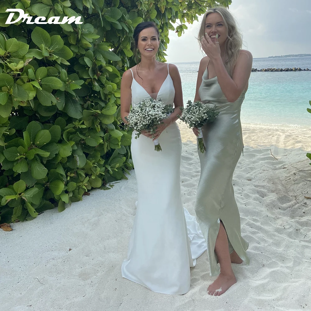 Dream personalizado elegante decote em v sereia vestido de casamento alças espaguete renda cowl drapeado volta sem mangas praia simples vestido de noiva