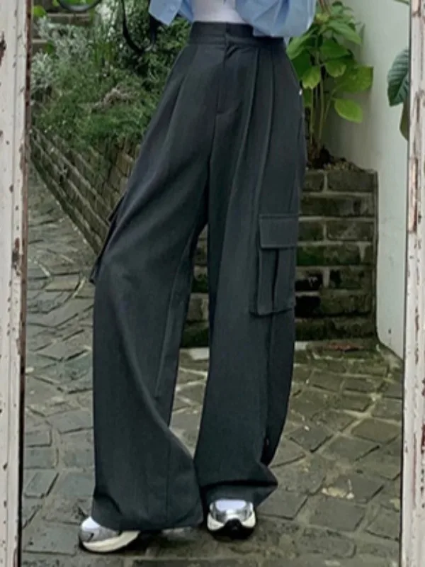 

Chic High Waist Pleated Casual Work Pants Women's Long Trousers with Big kets Spring Design Sensation Faionable All-Match