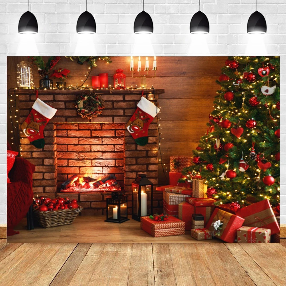 Christmas Interior Scene Backdrop Fireplace Xmas Tree Gifts Vintage Room Wall Kids Portrait Photography Background Decor Banner