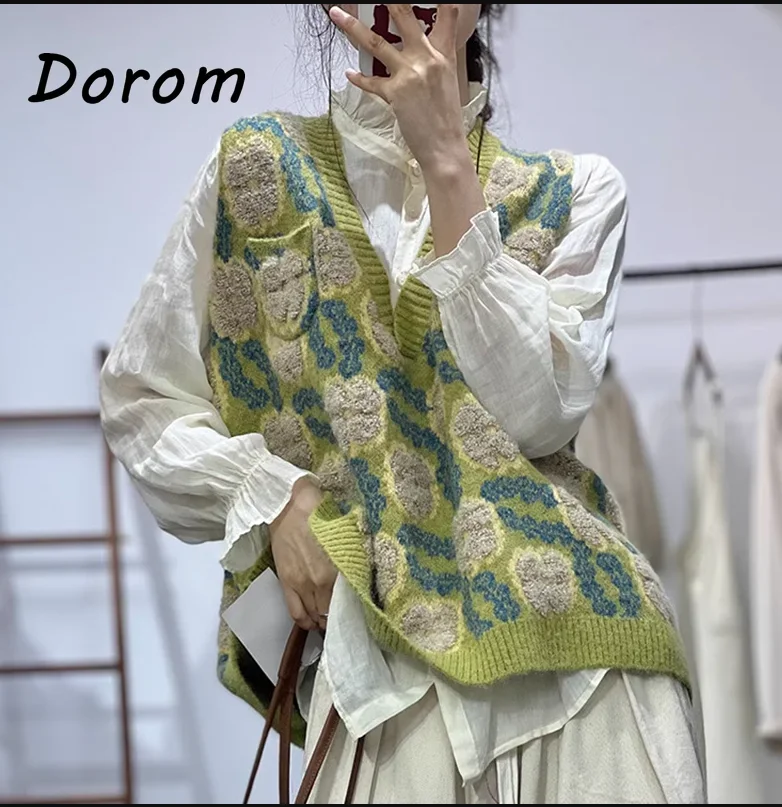 

Винтажные зеленые жилеты с цветочным узором для женщин, осенние корейские пуловеры без рукавов с V-образным вырезом, повседневные жаккардовые вязаные топы-жилетки