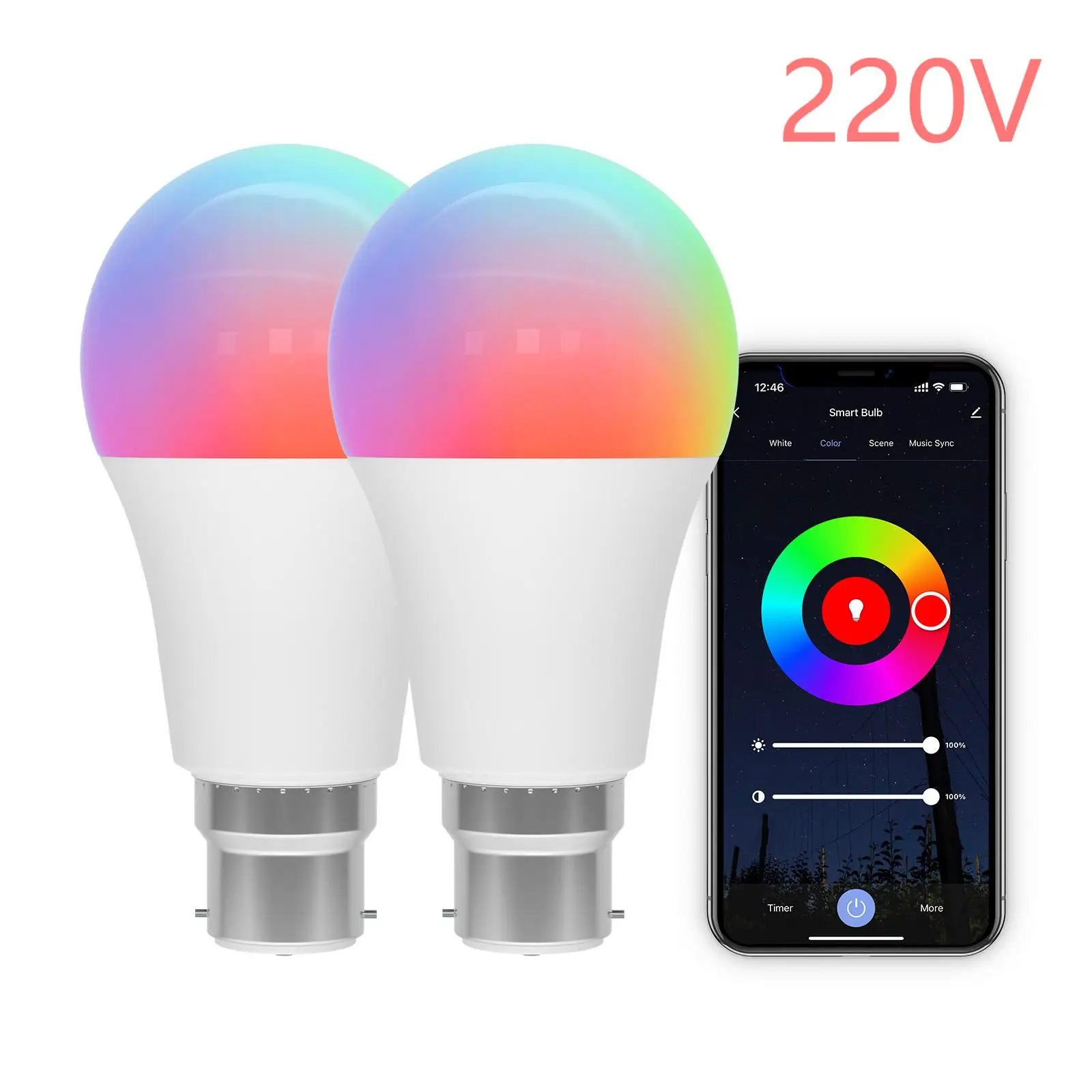 2pcs Smart Light Bulb B22 Bayonet 220V Colour Changing Light Compatible with Echo Alexa Google Home 9W RGBCW Bluetooth WiFi