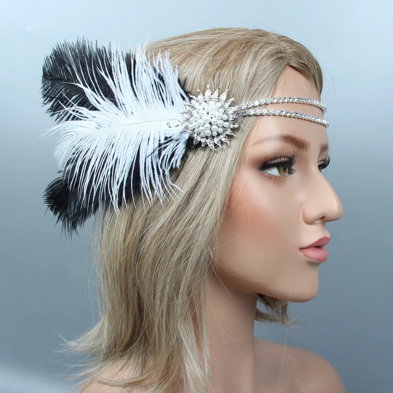 Vintage Feather Headband for Women 1920s Hair Accessories Black Rhinestone Beaded Sequin Elastic Hairband Headwear Headpiece