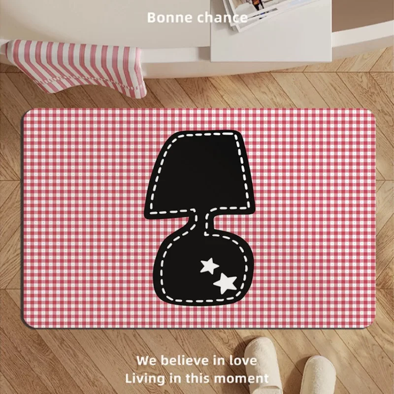 Retro Plaid Long Strip Floor Mat, Coffee Cup Table Lamp Pattern Anti Slip Absorbent Foot Mat, Sweet Home Decoration Door Mat
