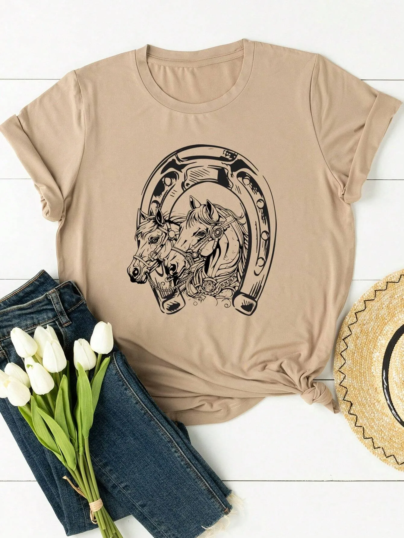 Women's Animal Pattern Horse Printed Round Neck Short Sleeve Casual TShirt Summer Fashion Cotton  Tee Top Breathable Streetwear