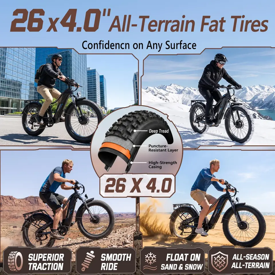 FREESKY Dual Motor Electric Bike For Adults 105 Mile Long Range 2026 Eurostar Turbo 4000W 210NM 34MPH Fast Speed, 26"Fat Tire, Full Suspension Mountain Ebike All Terrain Steep Hills image 8