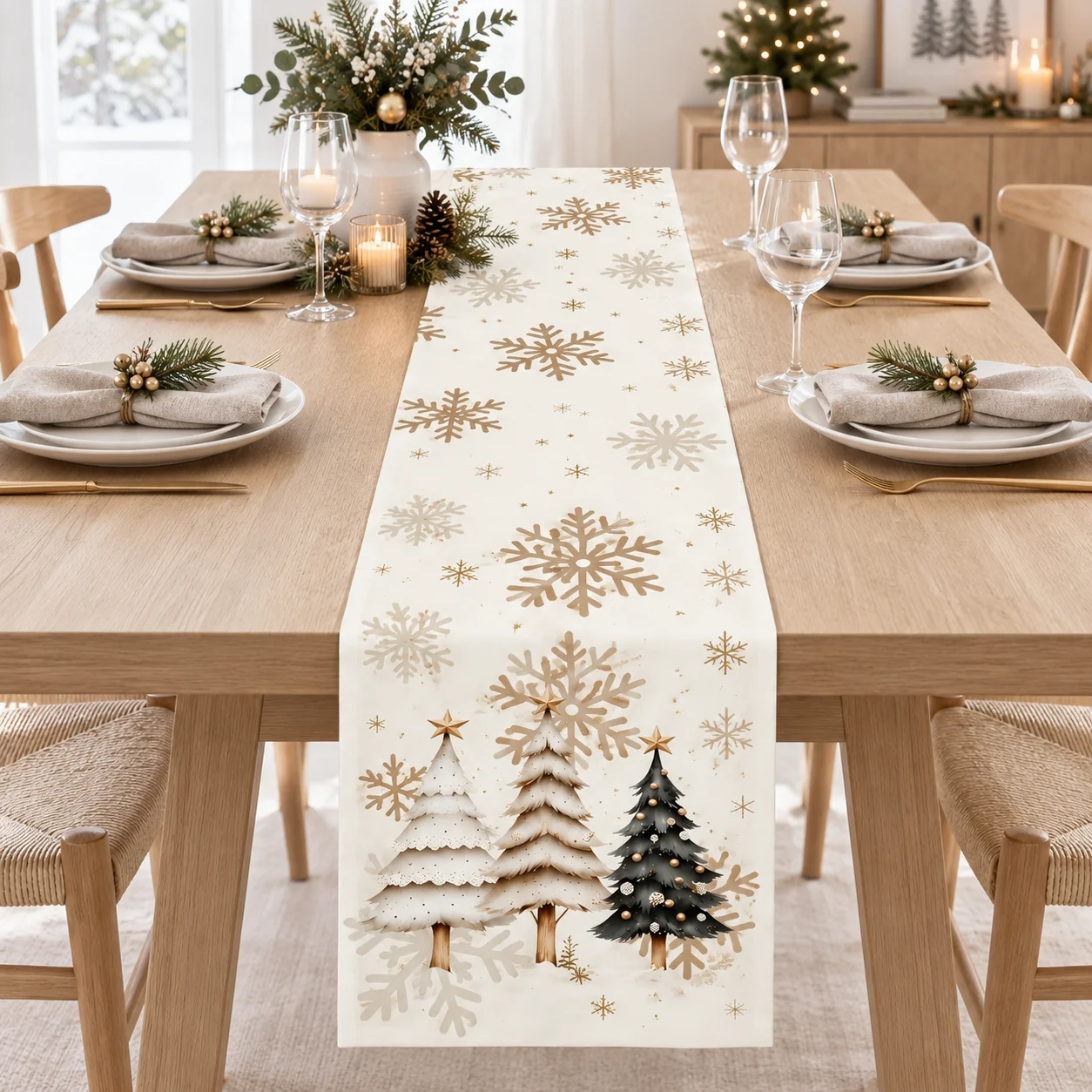 Modern Minimalist Christmas Tree Snowflake Table Runner, Easy-Care Rectangular Decor for Dining Coffee Table Holiday Party Decor
