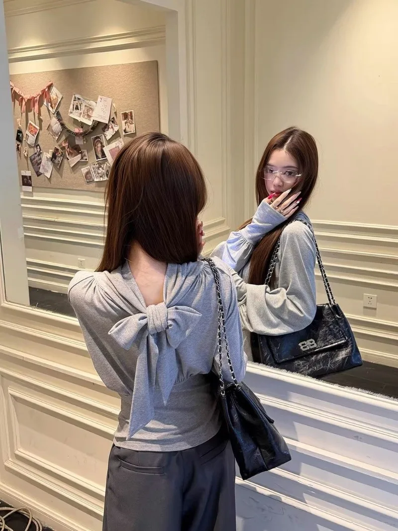 Gray Long Sleeve T-shirt Women Korean Chic Stand Collar Bandage Slim Waist Folds Tops Elegant Simple Y2k Aesthetic Tees
