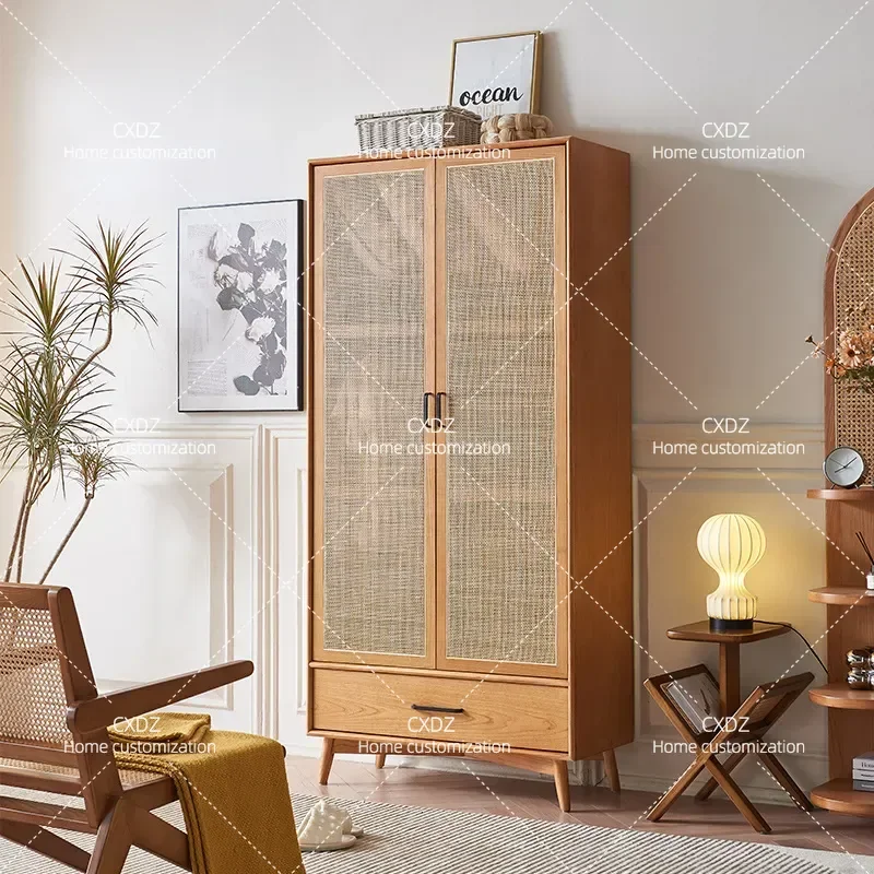 Rattan Solid Wood Wardrobe Wabi Style Bedroom Retro Double Door Storage Cabinet with Partition Home Furniture