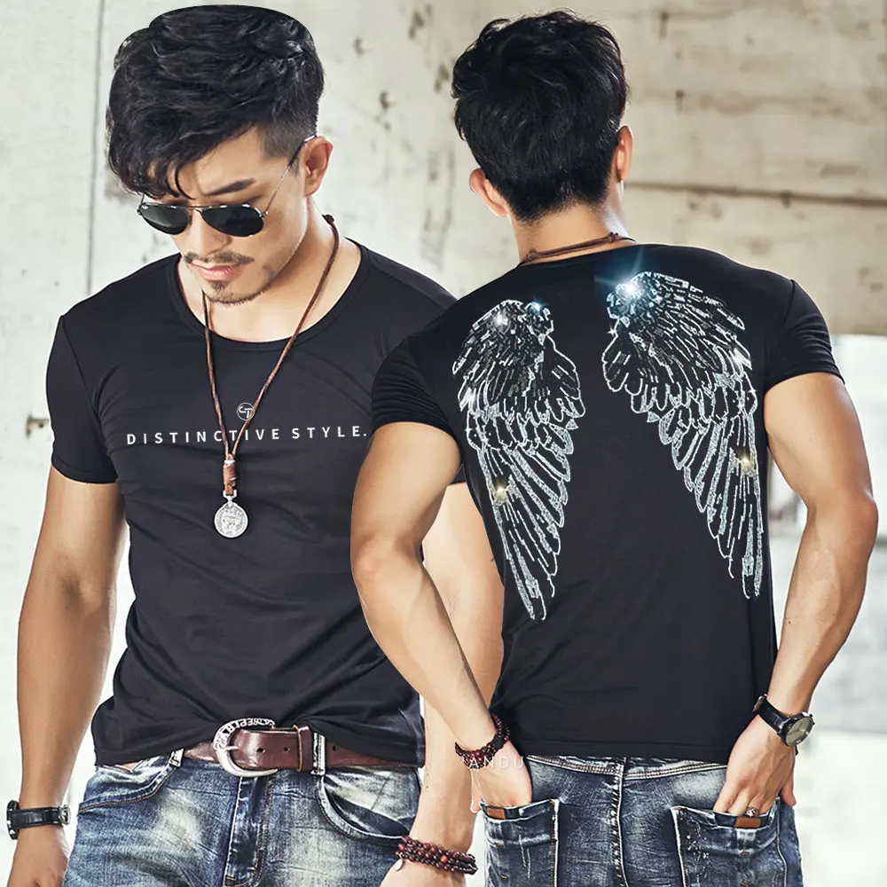 2024 Summer New Arrival Men shining Wing T Shirt Novelty Angle Diamonds Tshirt Man\'s Casual Tees Short Sleeve Hip Hop Streetwear