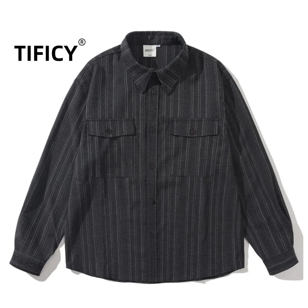 

High Street Japanese Silhouette Color Woven Striped Long Sleeved Shirt Men's Loose Retro Workwear Casual Shirt Tops