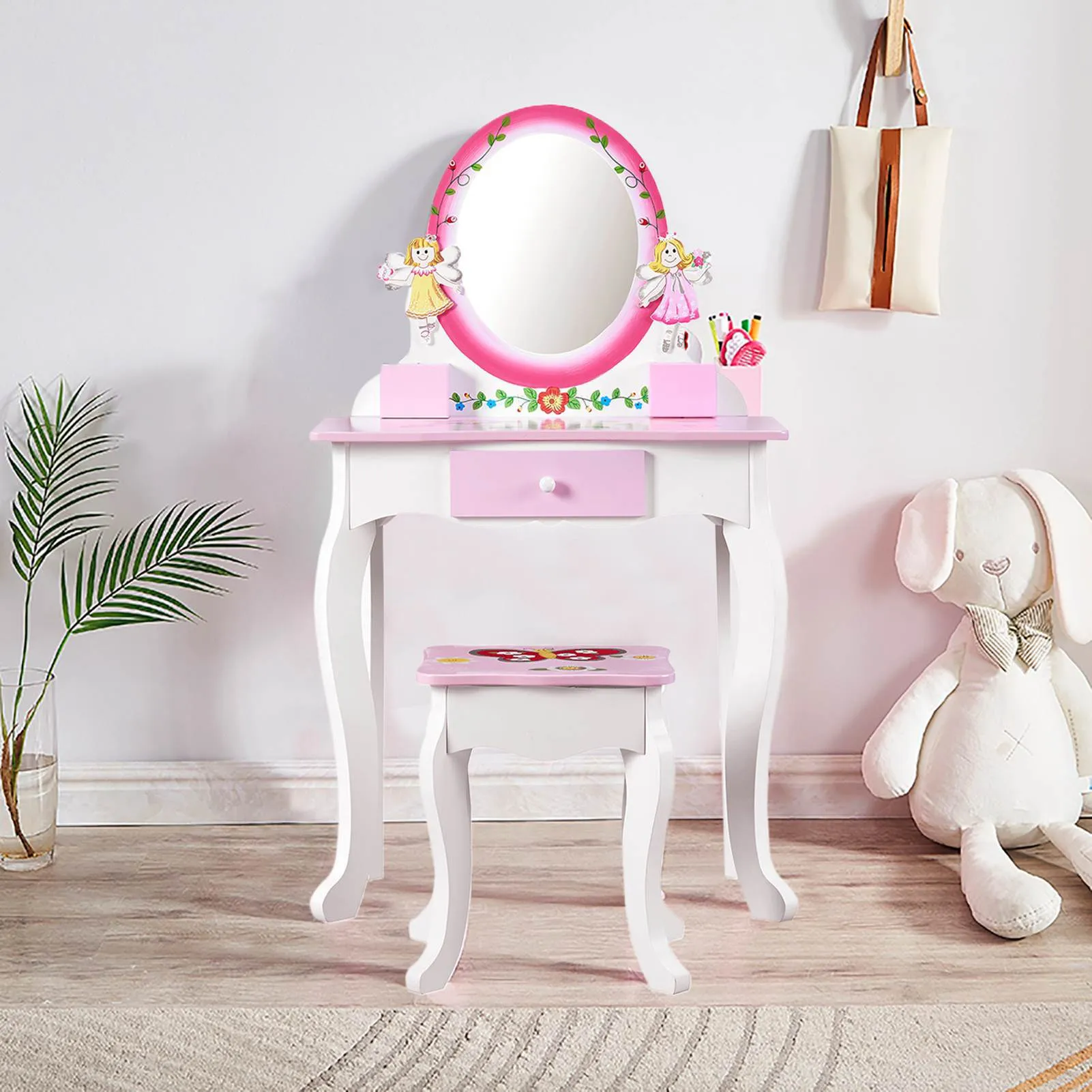 Kids Vanity Set Floral Printed Wooden Makeup Dressing Princess Table with Mirror and Stool for Role Playing Pink Kids Vanity image 4