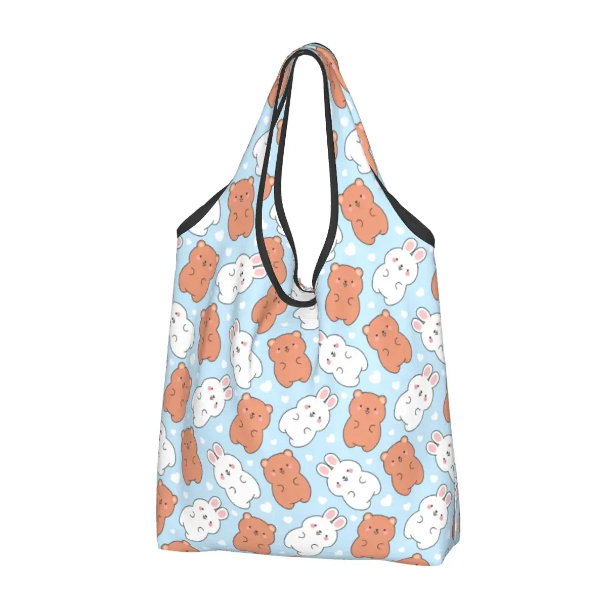 

Cute Rabbit Bears Shopping Bags Reusable Grocery Tote Bags Large Capacity Hand Drawn Cartoon Bags Washable Handbag