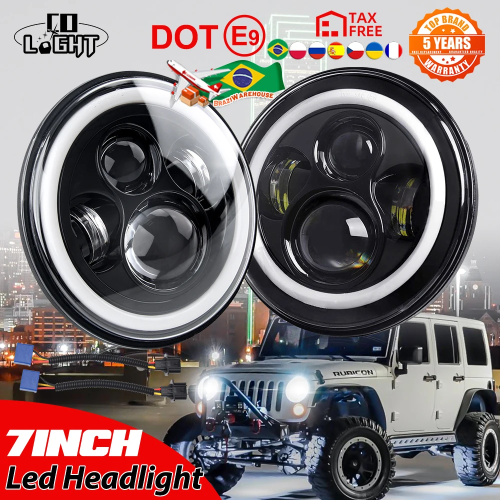 CO LIGHT 80W Car Led H4 7inch Car Accessories E9 Angel Eyes Led Headlight 12V 24V For Lada Niva 4X4 Uaz Motocycle Running Lights