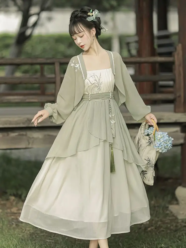 Conjunto de vestido tradicional chinês hanfu para meninas, manga comprida, feericamente retrô, melhorado, primavera, outono, 2023