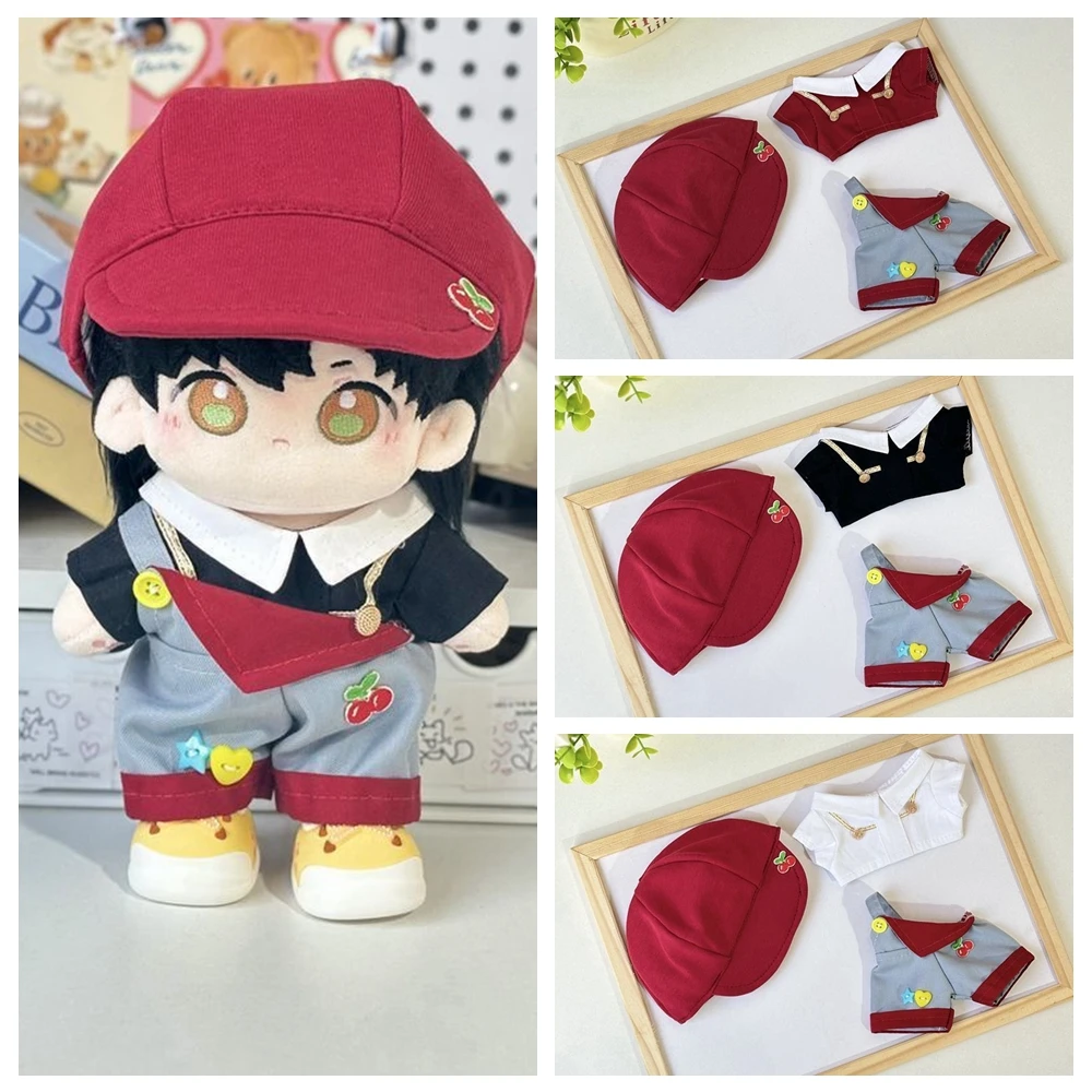 20cm Plush Toy Doll Clothes For Boys And Girls Sports Leisure Clothing Set Accessories Cherry Shirt+Overall+Hat Birthday Gifts