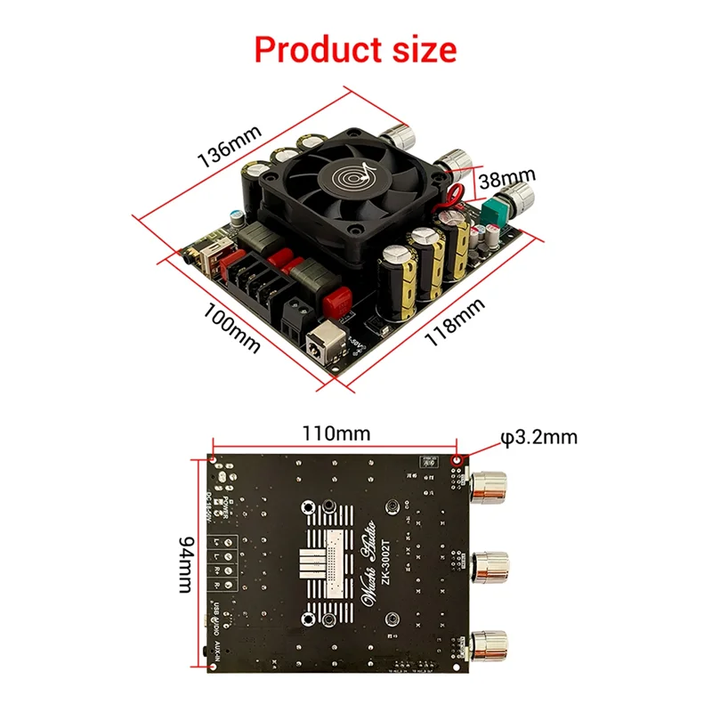 Carte amplificateur de puissance numérique Bluetooth ZK-3002T efficace 300WX2 2.0 canaux-A