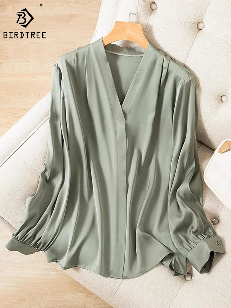 

Birdtree 93% Silk 7% Spandex Elastic Elegant Shirt Double Georgette V-neck Long Sleeve Light Green Blouse For Women New T30609QM