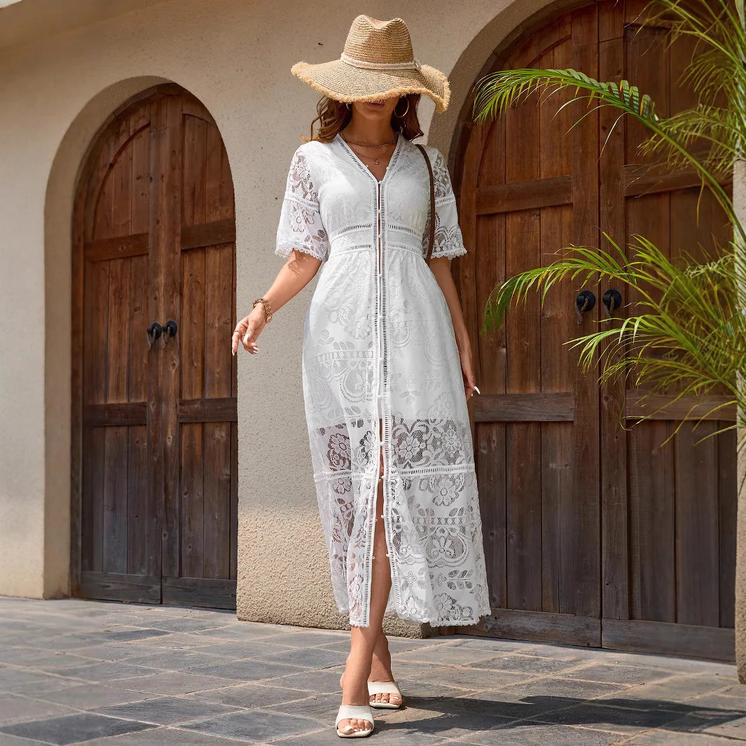 

Новое однотонное кружевное платье с v-образным вырезом и коротким рукавом, элегантное тонкое длинное платье в стиле кантри, весна 2025, летнее платье, халат, женское платье