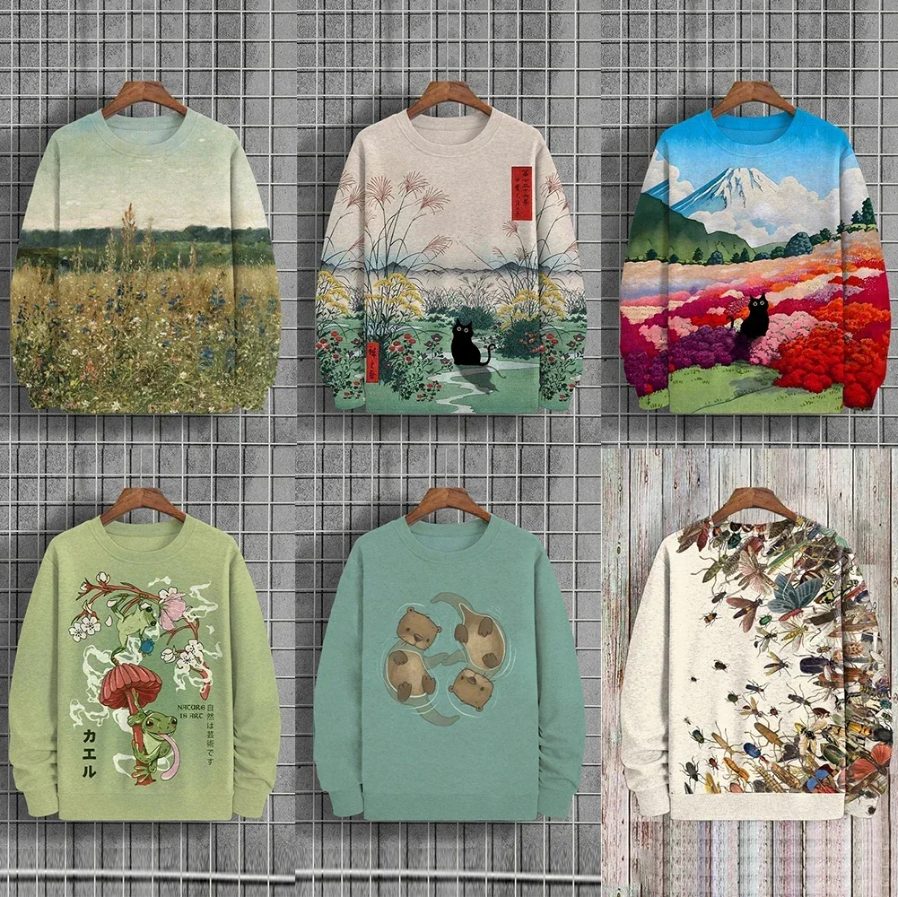 2024 New Spring and Autumn Casual Men's Tops Outdoor Scenery Oil Painting Print Art Long Sleeve Round Neck Men's Loose Sweatshir