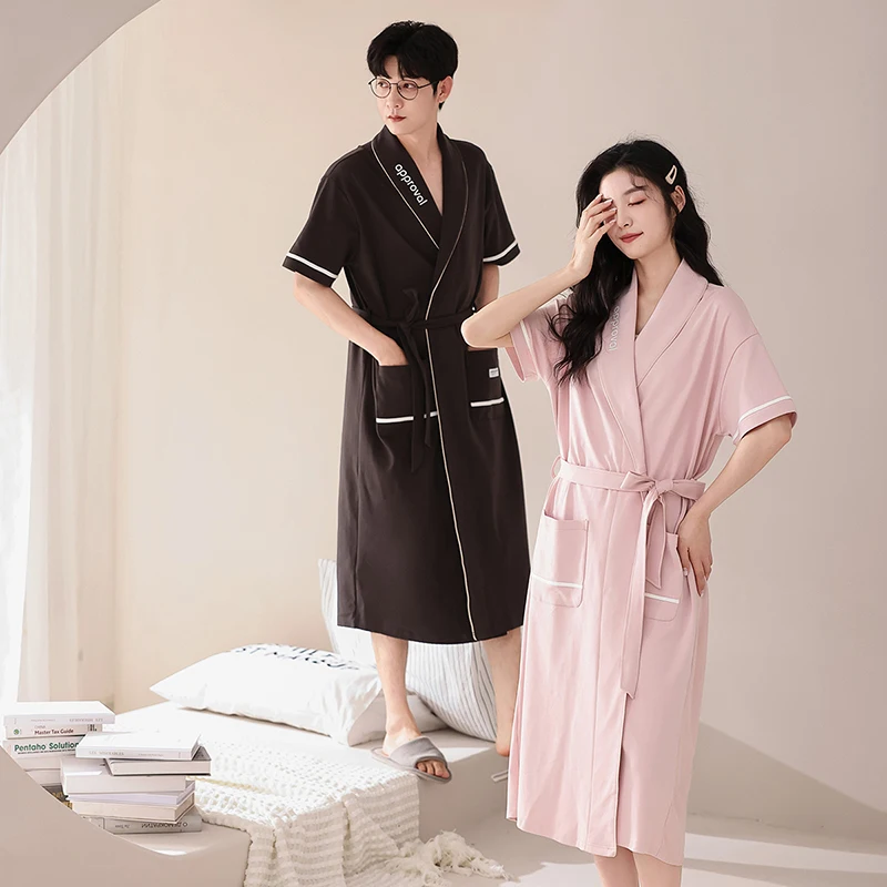 Newest Bathrobe Men And Women Summer 100% Cotton Short Sleeve Robe Sleepwear Casual Loose Plus Size M-3XL Couple Robe Homewear