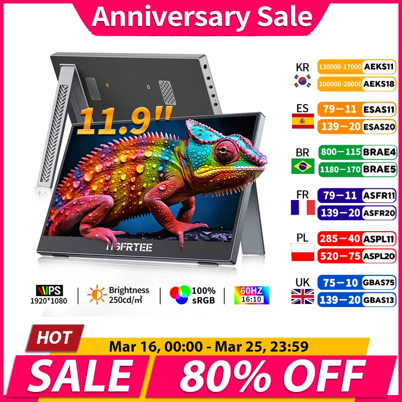 HGFRTEE 11.9Inch Portable Monitor 100%sRGB 1080P with 60Hz USB-C&HDMI External Display For XBox PS5 Switch Loptop Second Screen