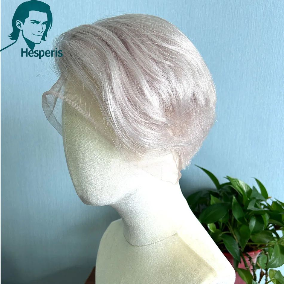 Hesperis pré estilo natural loira cheia do laço peruca masculina pré-corte prótese cabelo raspado corte perucas de renda para homens curto peruca loira