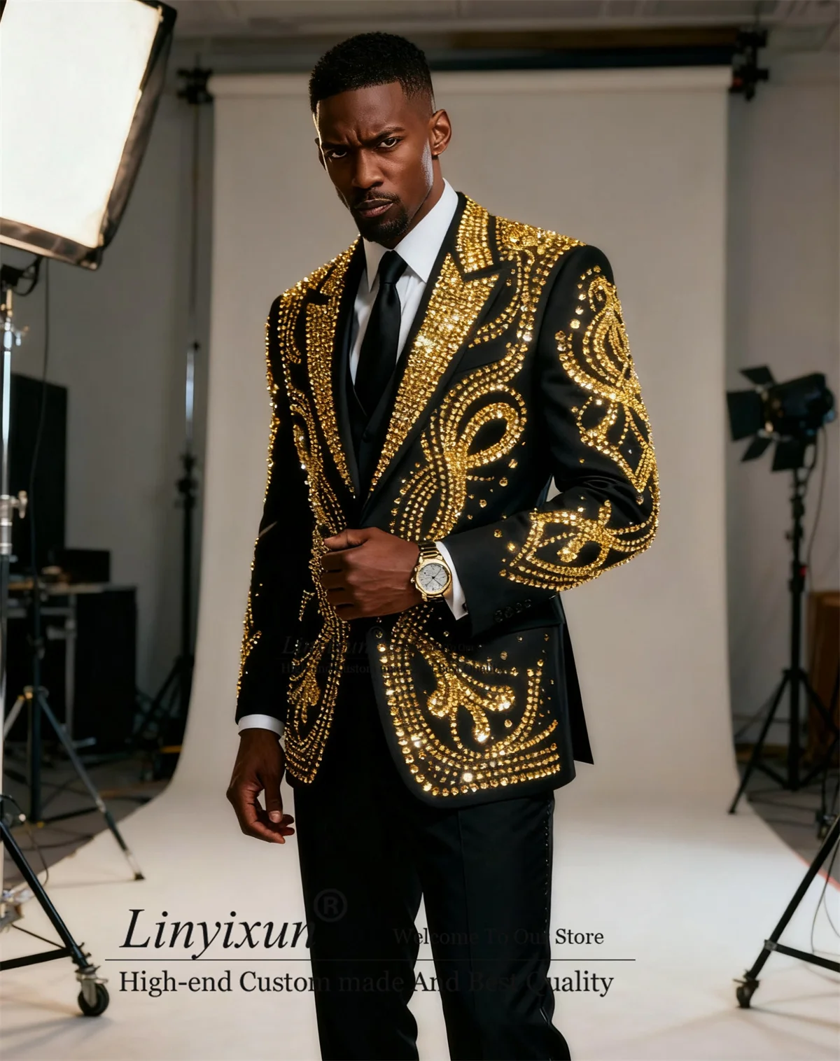 

Sparkly Rhinestones Diamond Tuxedos Men Suits 3 Piece Sets Male Prom Blazers Customized Handsome Wedding Groom Costume Homme