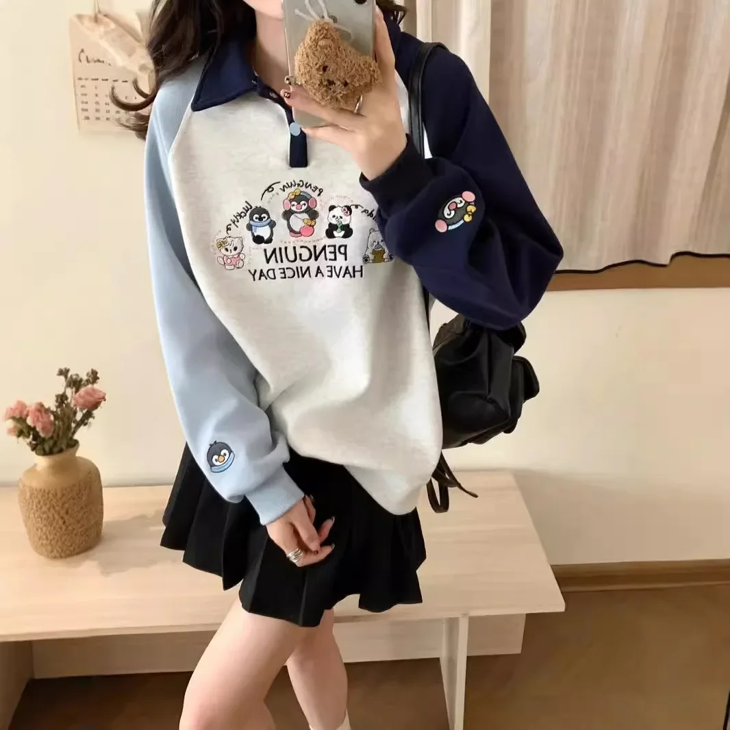 POLO collar contrast color long-sleeved sweater women autumn and winter Korean casual cartoon embroidery plus velvet loose coat