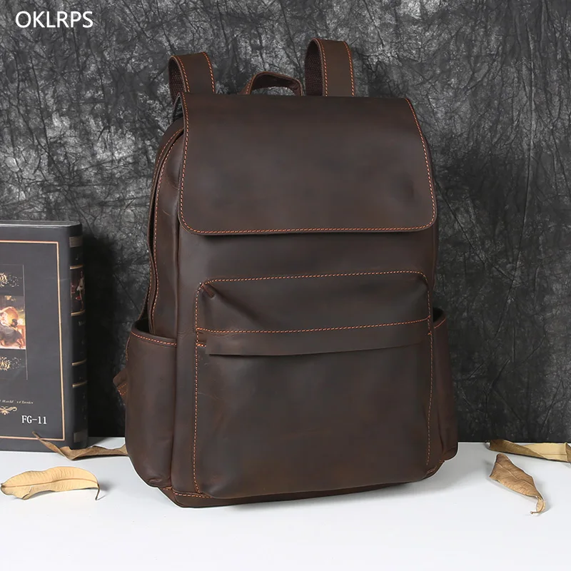 Vintage First Layer Cowhide Backpack Large Capacity Casual Men's Leather Backpack Europe And The United States Trend Computer Ba