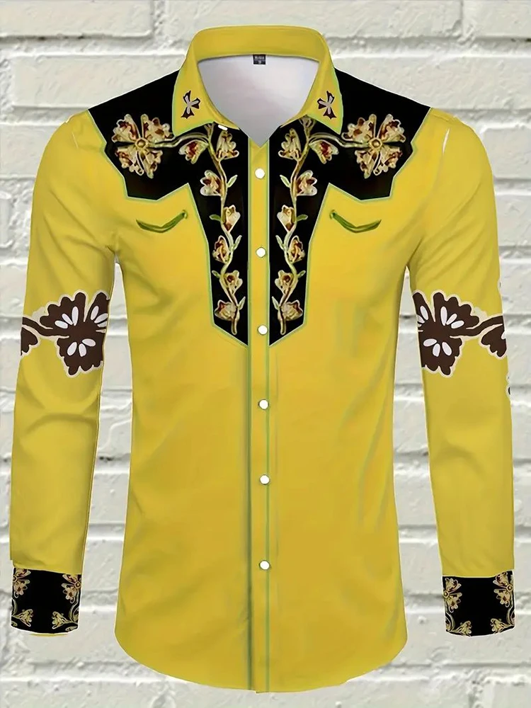 Men Western Cowboy Shirt Long Sleeve Floral Embroidered Button Tops Vintage Loose British Ethnic Shirts Rodeo Dance Party Shirts