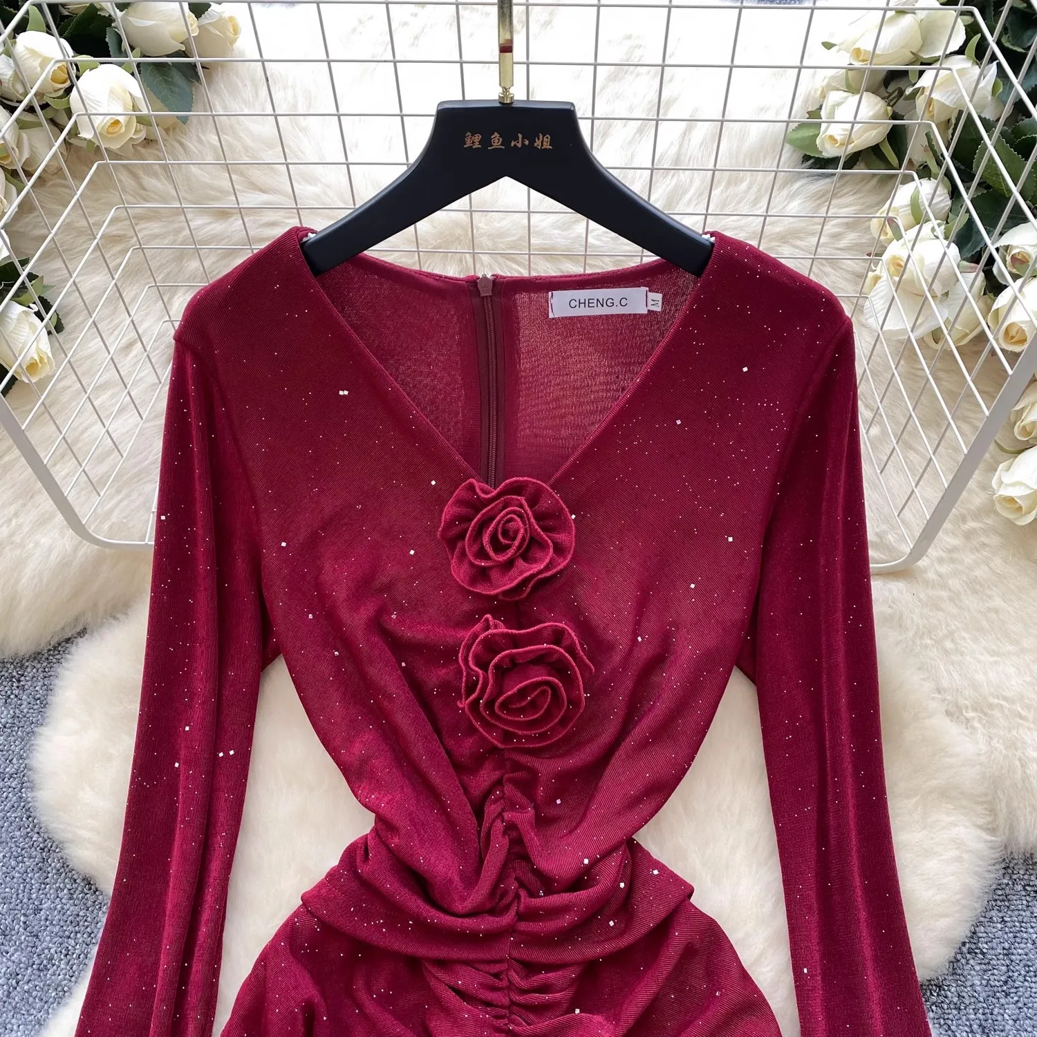 New Spring Red 3D Flower Glitter Sequin Pleated Mermaid Dress Elegant Women V Neck Flare Sleeve Ruffled Slim Party Midi Clothes